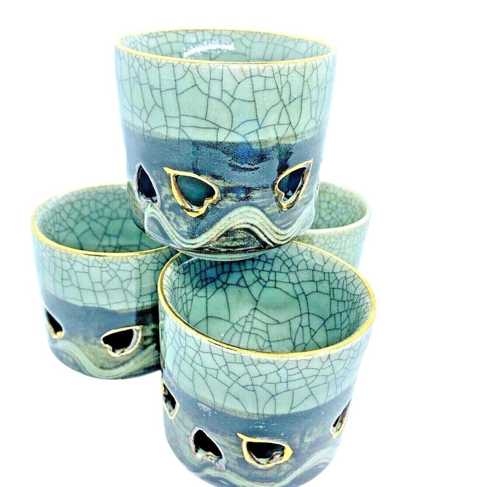 MCM Japanese Somayaki Green Glazed Crackleware Horse Four 3" Tea Cups